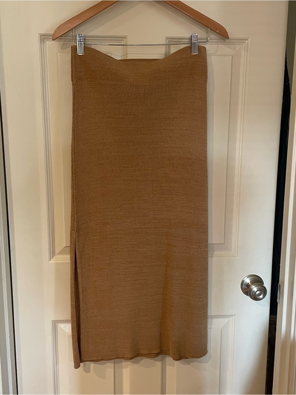 Free People Camel Ribbed Midi Skirt with Side Slit